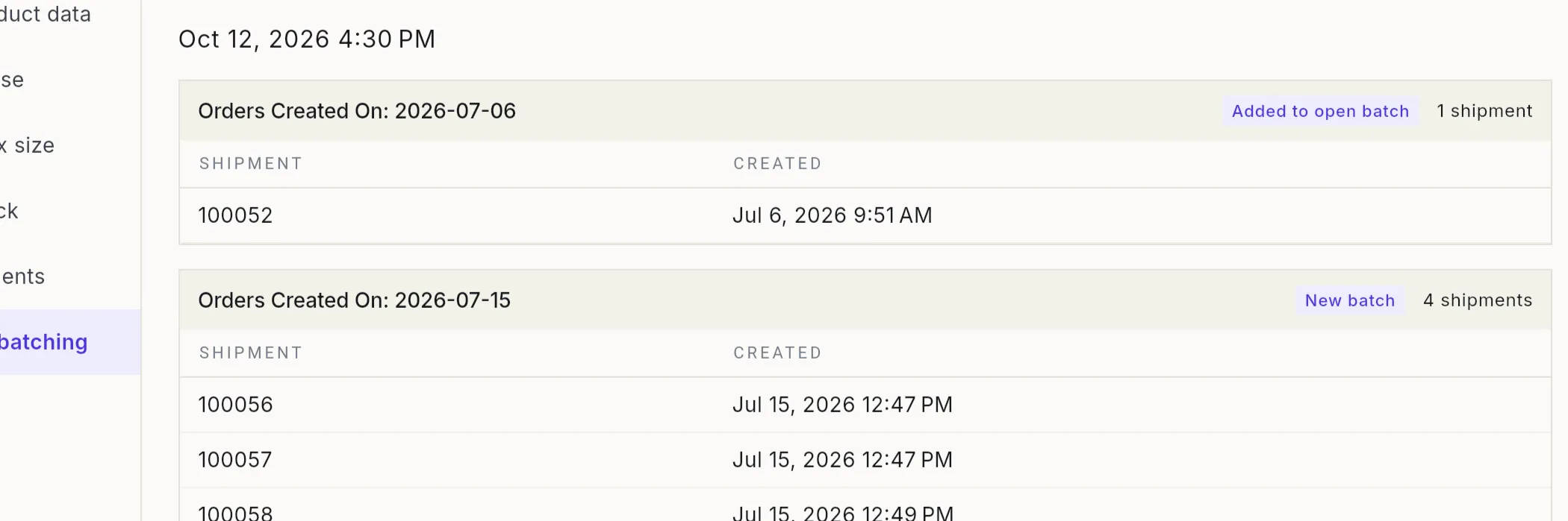 Automated batching grouping pending shipments by order date, adding to an open batch or starting a new one