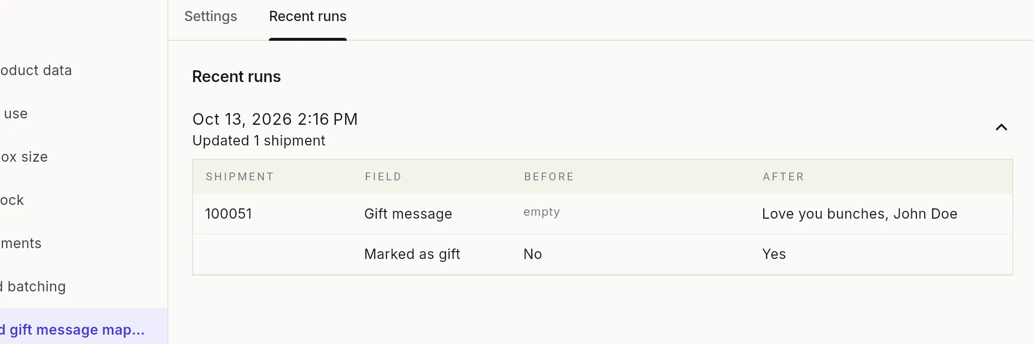 Gift message mapping's recent runs, showing a shipment's gift message filled in from empty and the shipment marked as a gift