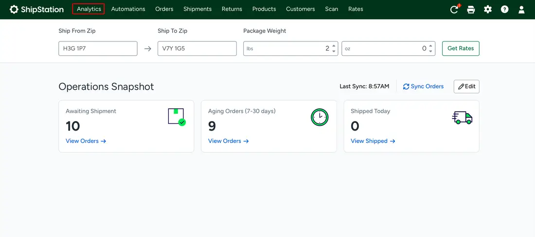 ShipStation top navigation with Analytics highlighted
