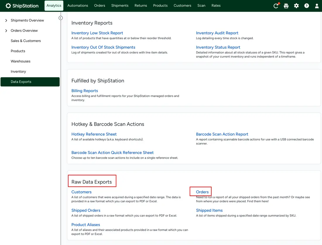 ShipStation Data Exports page with the Orders link under Raw Data Exports highlighted