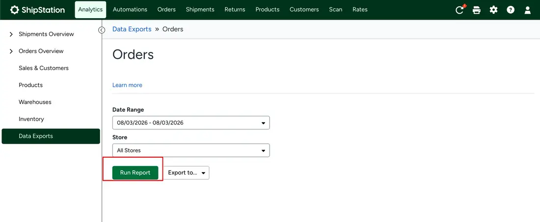 ShipStation Orders export screen showing the date range, store selector and Run Report button