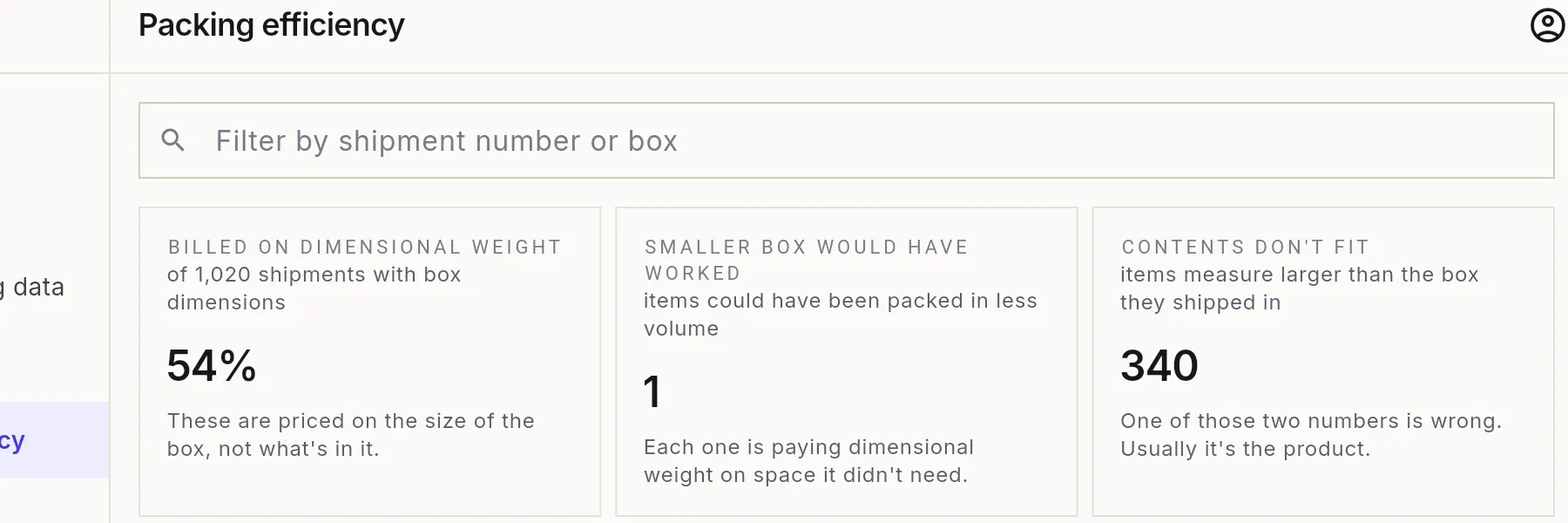 The Packing efficiency report's summary figures