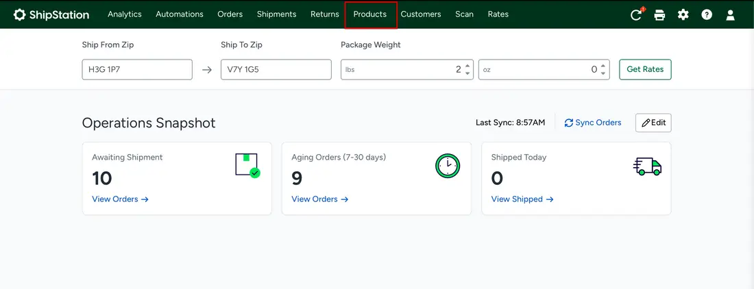 ShipStation top navigation with Products highlighted