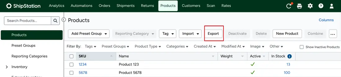 ShipStation Products page with the Export button highlighted above the product table