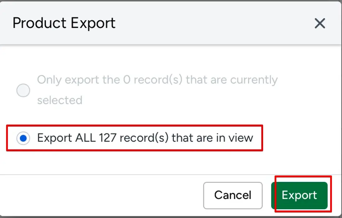 ShipStation Product Export dialog with the export-all-records option selected